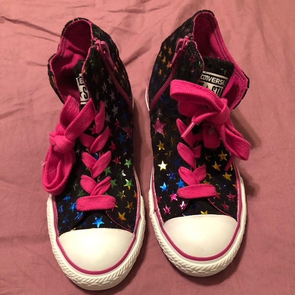 Converse One Star girls high top size 13 black with pink laces and colored stars
